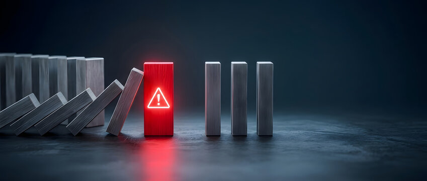 Strategic red warning block stopping falling dominoes, representing efficient risk management and crisis control in a business