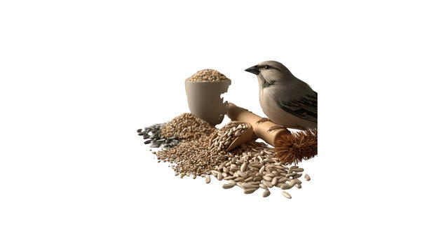 Small bird perched on branch with seeds with sits wooden branch on transparent background
