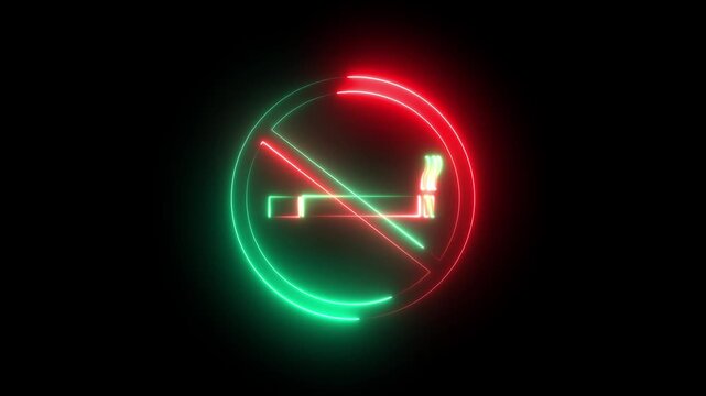 No smoking sign icon warning neon lights.No smoking neon sign 4K video animation in a black background.