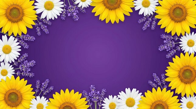Flat lay composition featuring a vibrant floral frame of golden sunflowers, white daisies, and purple lavender sprigs surrounding a solid violet center for creative summer design projects.