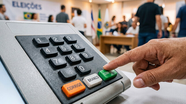 Person pressing confirm button on voting machine