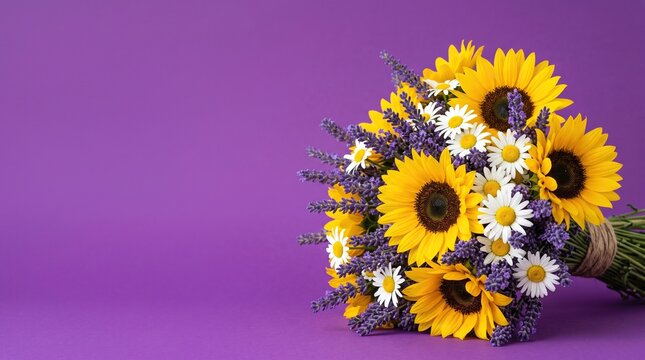 Radiant arrangement of golden sunflowers, petite white daisies, and fragrant purple lavender sprigs tied with rustic twine against a solid violet background for seasonal floral decor.