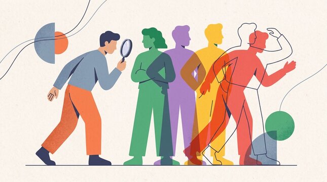 Creative professionals using a magnifying glass to analyze colorful overlapping human silhouettes in this vibrant modern flat vector illustration design