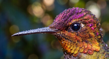 Naklejka premium Close up portrait of a vibrant hummingbird head covered in tiny dew water droplets outside