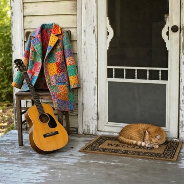 A colorful patchwork coat drapes over a wooden chair near a classical acoustic guitar, while a ginger cat sleeps peacefully on a welcome mat beside an old screen door 