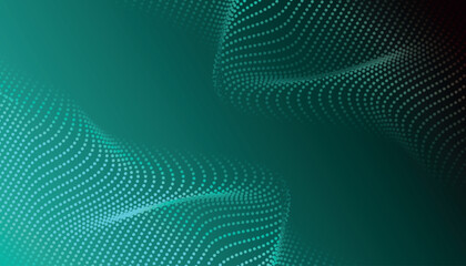 Fototapeta premium Abstract dark green gradient background with glowing wavy dotted lines. Futuristic design with seamless flowing line elements. Vector illustration.