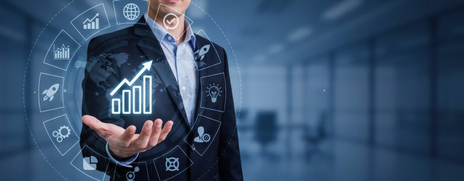 Businessman holding digital growth chart and business icons