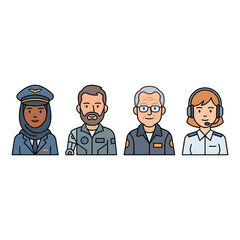 Fototapeta premium A diverse group of professional aviation and aerospace personnel depicted as stylized avatars.