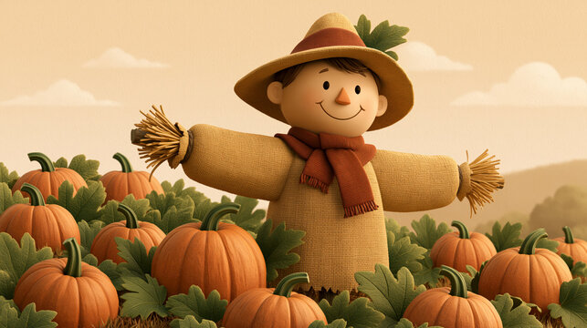 Friendly scarecrow with pumpkin patch in fall harvest scene
