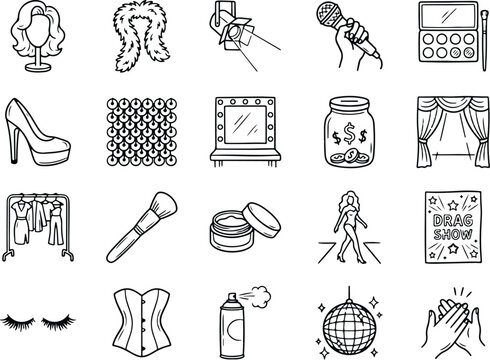 Drag show icons set, 20 hand-drawn vector illustrations of cabaret performance and makeup, theater stage and fashion elements