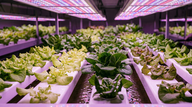 Colorful led lights illuminating rows of vibrant lettuce plants in an indoor hydroponic farm
