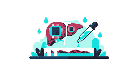 Naklejka premium Synthetic Liver Bioengineering and AI Medical Technology Flat Vector Illustration