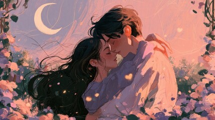 Fototapeta premium Dreamy digital illustration of a couple embracing under a crescent moon in a pastel garden