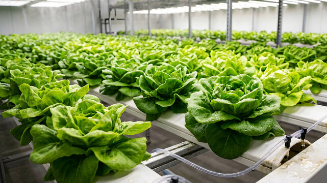 Vibrant organic lettuce in hydroponic farm showcasing rich textures and freshness for healthy salads