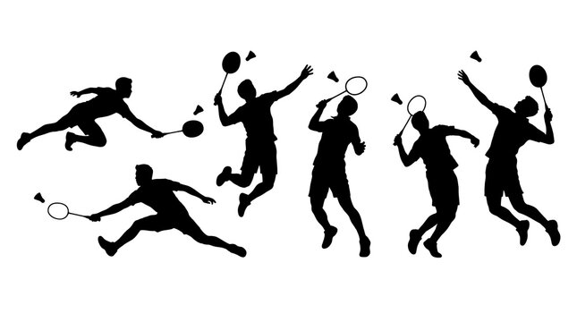Badminton players in dynamic action poses with rackets and shuttlecocks during play