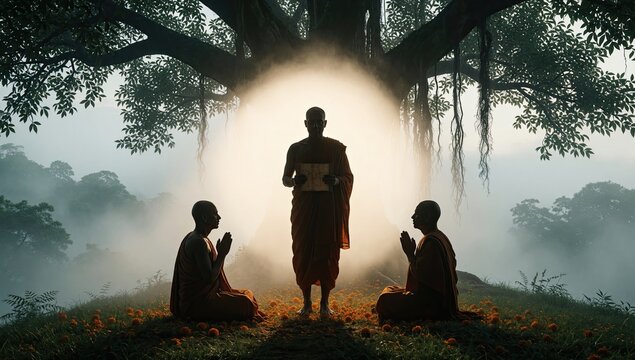 Buddhist monks meditation under sacred tree with misty forest background, spiritual concept illustration for religious and mindfulness design