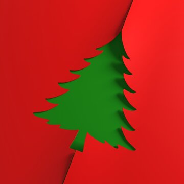 Red and Green Paper Cutout Christmas Tree Greeting Card Background - square - 3D rendering