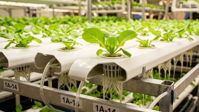 Urban hydroponic greens shot of a vibrant hydroponic farm showcasing rows of lush green lettuce
