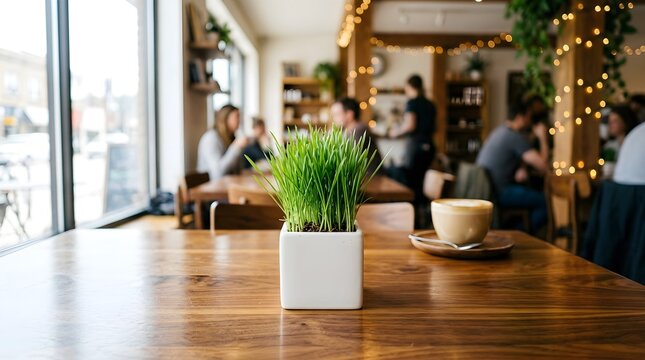 A bright and airy cafe interior features blurred background people enjoying coffee and friendly conversation near a vibrant living green wall plant