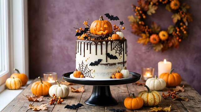 A beautifully elegant halloween cake featuring decorative pumpkins and spooky design elements displayed on a luxurious marble table with glowing candles
