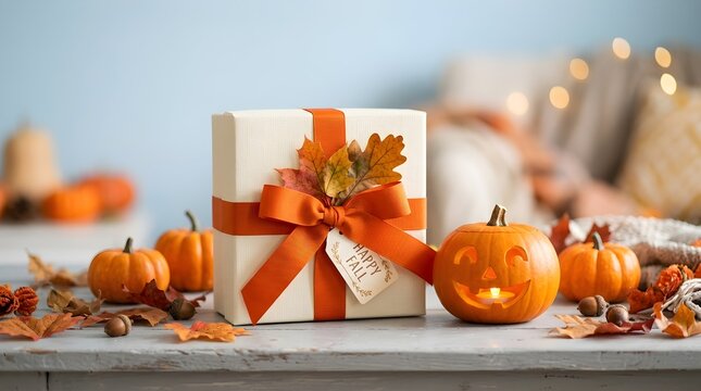 A vibrant autumn harvest celebration features a lovely present with an orange ribbon among pumpkins and colorful fall leaves decorations
