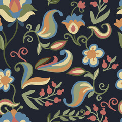 Fototapeta premium Hand drawn floral ornament in folk style. Stylized flowers pattern and traditional folklore embroidery scheme. Handmade jacobean crewel embroidery design element, outline sketch for craft hobby.