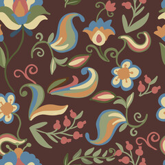 Obraz premium Hand drawn floral ornament in folk style. Stylized flowers pattern and traditional folklore embroidery scheme. Handmade jacobean crewel embroidery design element, outline sketch for craft hobby.