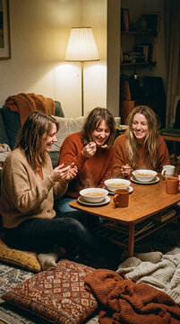 Friends sharing soup and laughing