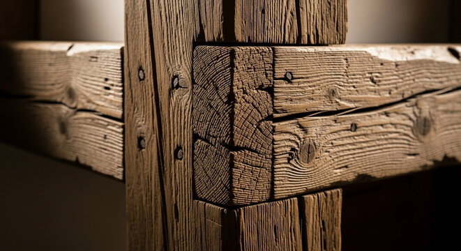 Rustic timber framing showcases traditional mortise and tenon joinery handcrafted with weathered beams and heavy oak pegs supporting heavy structural architecture in historical buildings