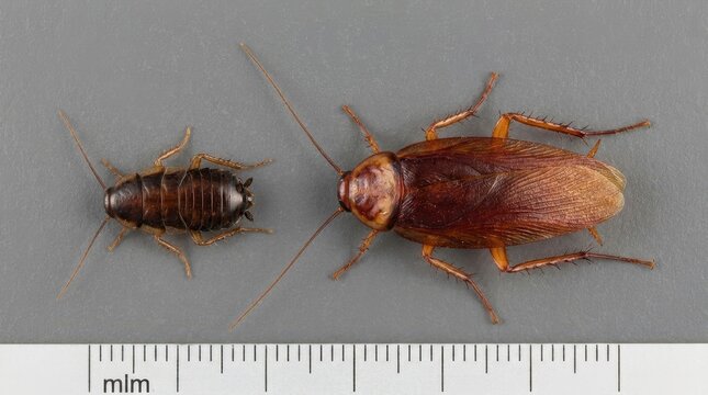 Comparison of juvenile and adult cockroach. Macro photography of insect development stages with measurement scale