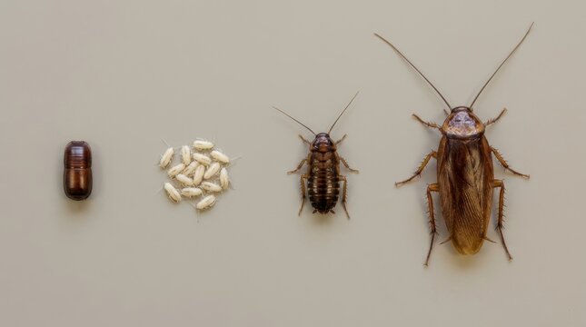 Cockroach life cycle stages. Ootheca egg case, nymphs, and adult insect on neutral background