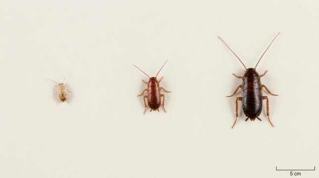 Three stages of cockroach nymph development. Comparative growth sizes of insect life cycle