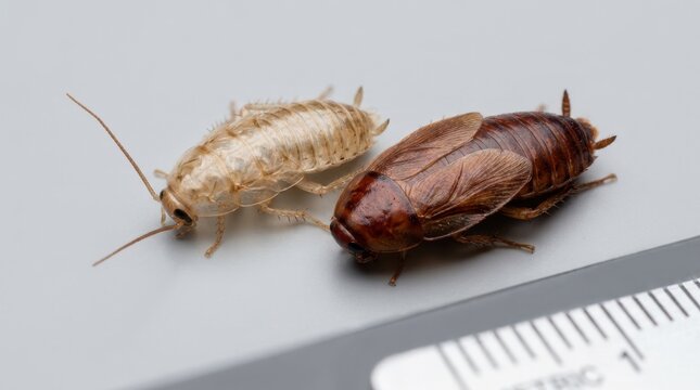 Cockroach nymph and its shed exoskeleton. Macro view of insect molting process on a neutral surface