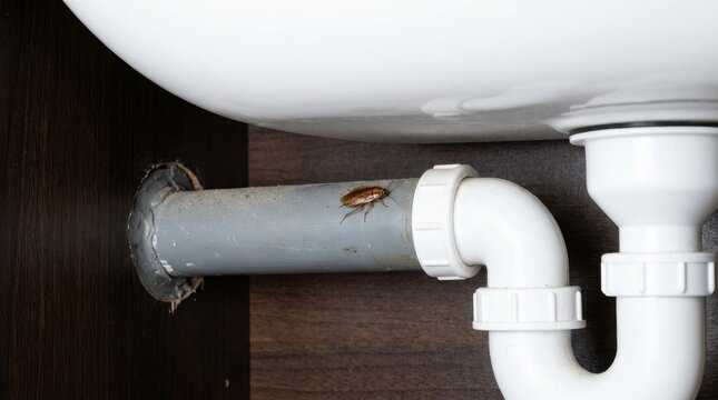 Cockroach nymph crawling on a plumbing pipe under a kitchen sink. Pest control concept