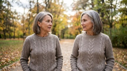 Fototapeta premium Two mature women walking in an autumn park. Friends enjoying a stroll through fall foliage