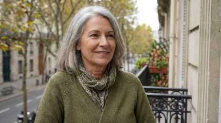 Obraz premium Portrait of a smiling mature woman on a balcony. Senior lady with grey hair in a green sweater looking out over a city street