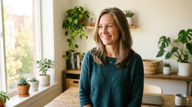 Smiling woman in a home office. Happy middle aged lady standing by a window with indoor plants. Casual lifestyle portrait