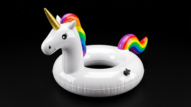 Inflatable white unicorn pool float with rainbow mane.