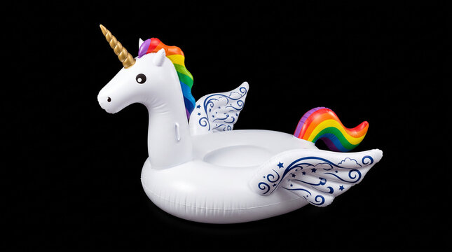 Inflatable unicorn pool float with rainbow wings.