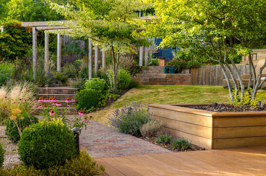 A landscaped garden in bloom in the UK in July