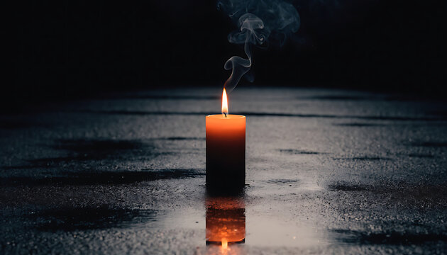 Single glowing orange candle with smoke on a dark reflective surface
