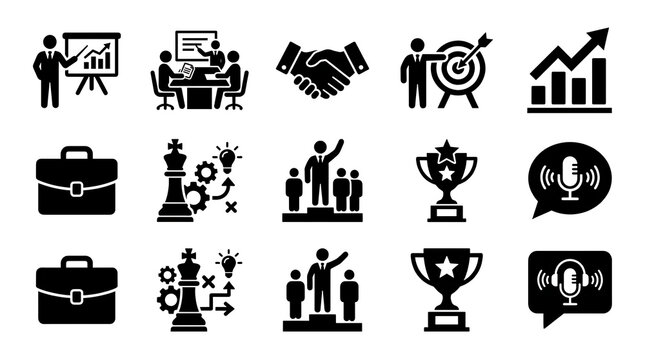 Business icons showing success strategy collaboration and achievement in a professional setting