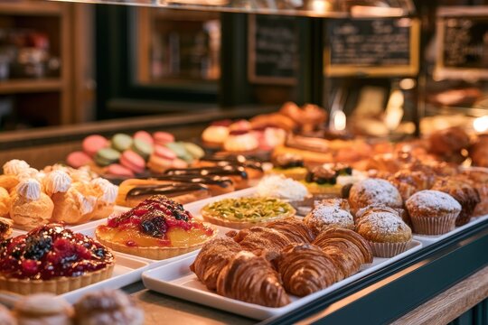 Colorful desserts showcased in a glass pastry case with rich textures and golden glazing