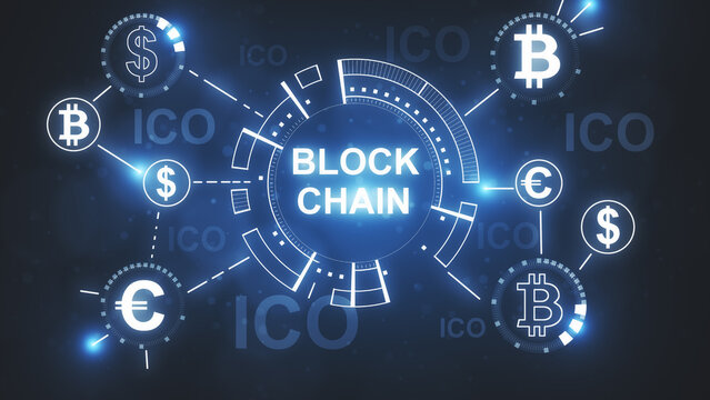 Conceptual Digital Blockchain Network Illustration Highlighting Cryptocurrency ICO Trends and Global Financial Systems