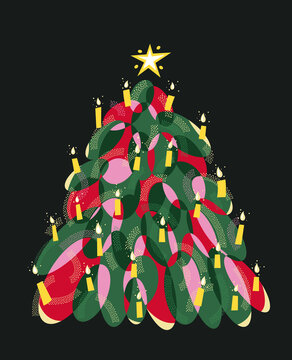 decorated Christmas tree with candles and ribbons &ndash; happy holidays