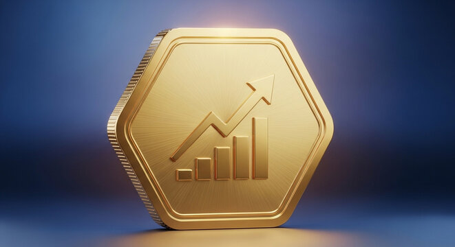 A shiny golden hex token featuring an upward trending financial chart symbolizes prosperity, wealth generation, successful investment strategies, and financial market growth within a digital