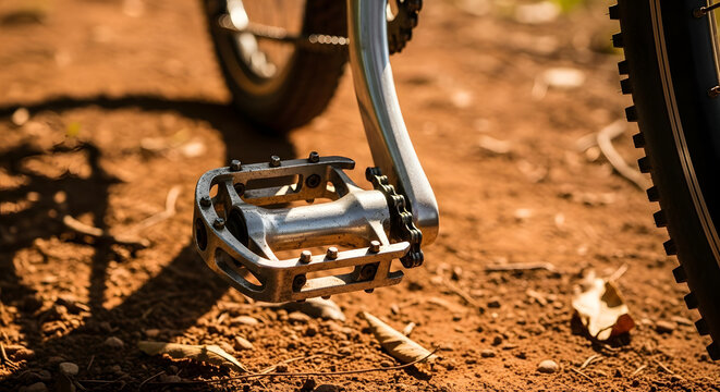 Close up of bicycle pedal on dirt trail.