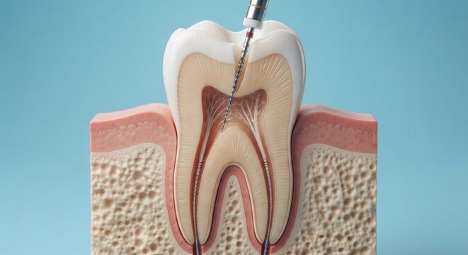 Anatomical model of a human tooth showing root canal treatment and endodontic file