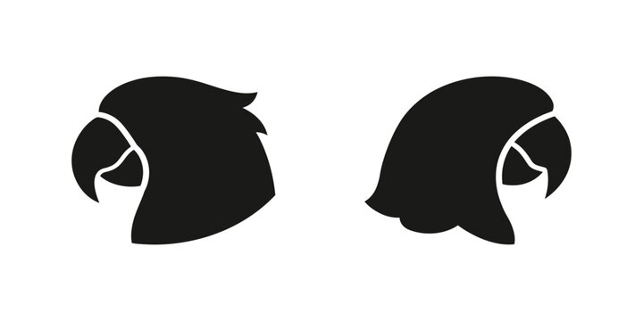 Minimalist black silhouette icons of parrot heads facing each other isolated on a white background