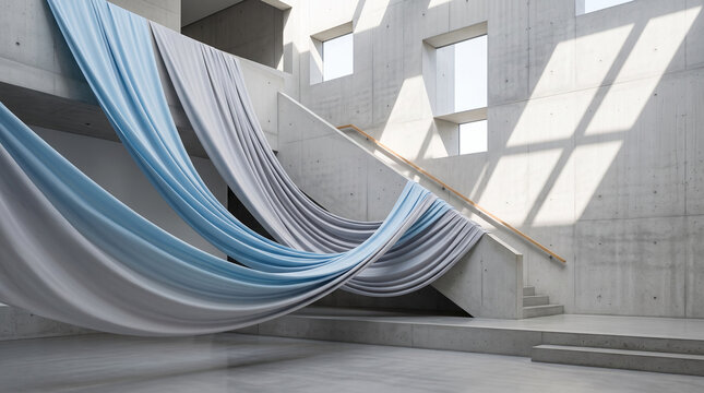 Light blue and white fabric draped in sunlit concrete room with architectural shadows.